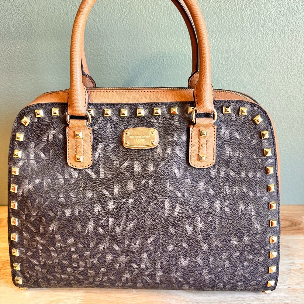Michael Kors Brown and Gold Satchel with Studded Accents